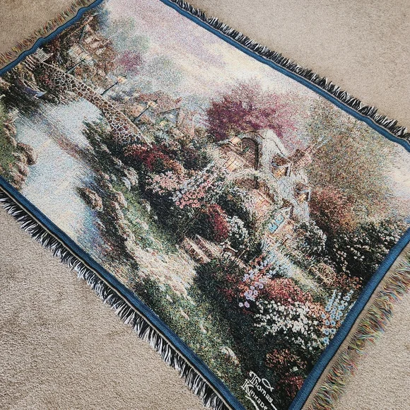 THOMAS KINKADE Painter Of Light Tapestry Cottage Made USA Fringe Cotton 40 x 60 - Picture 1 of 9